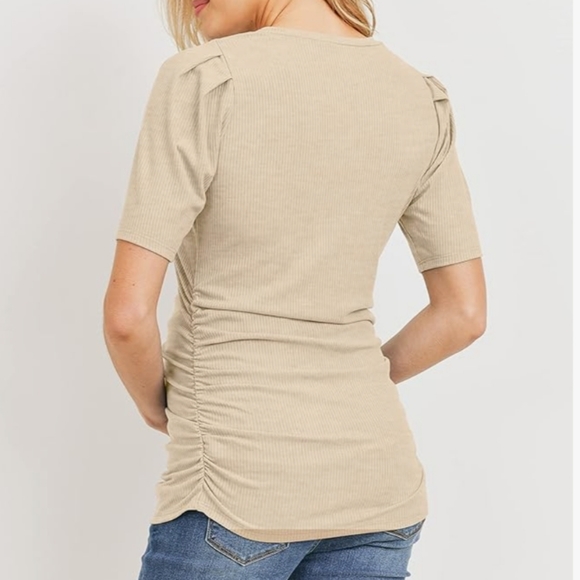 Hello Miz - Ribbed puffed sleeve Pregnancy Maternity t shirt top - Picture 2 of 8